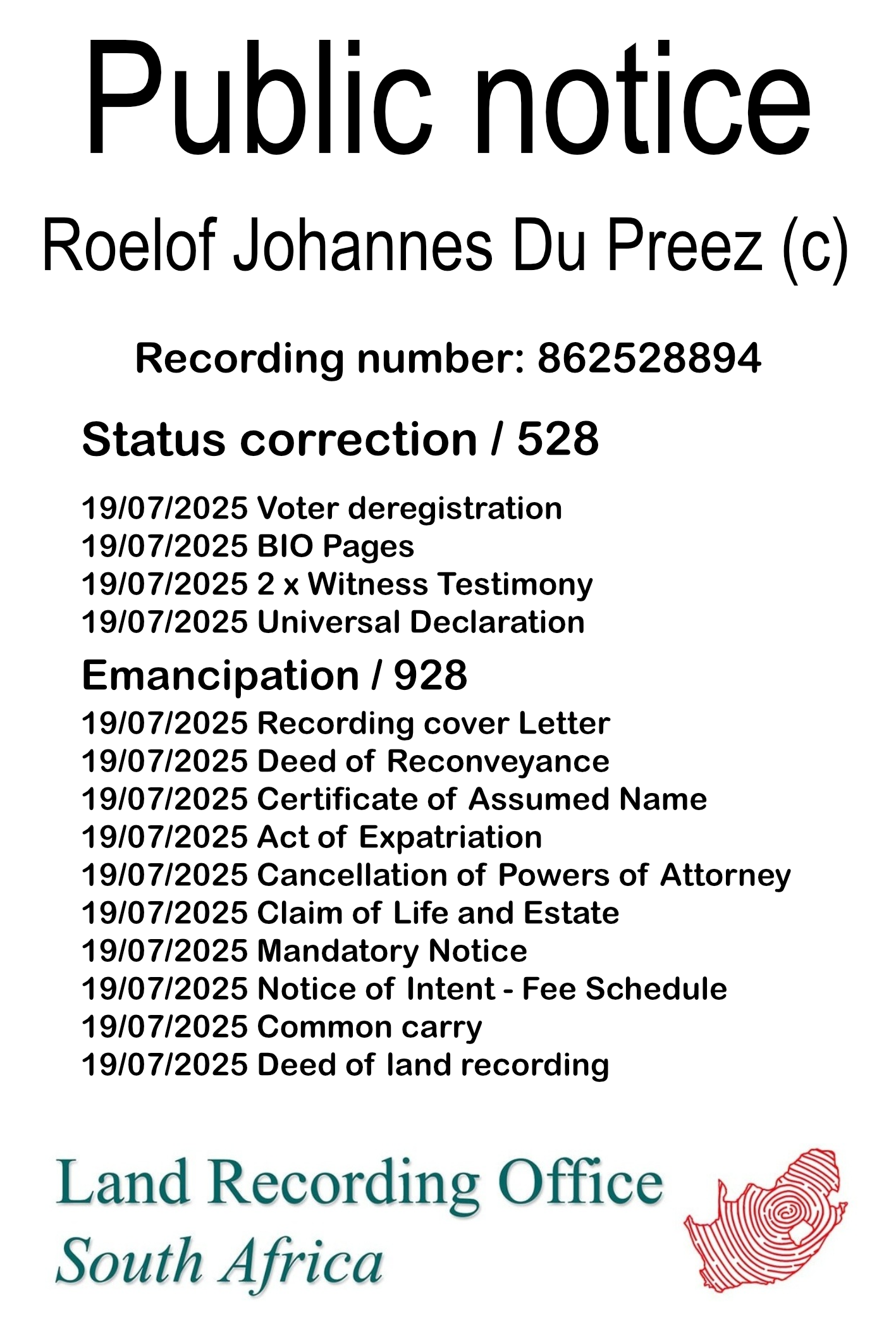 Public notice Roelof Johannes Du Preez (c) Recording number 862528894